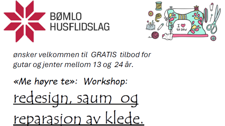Plakat for Me høyre te workshop: Redesign, saum og reparasjon av klede